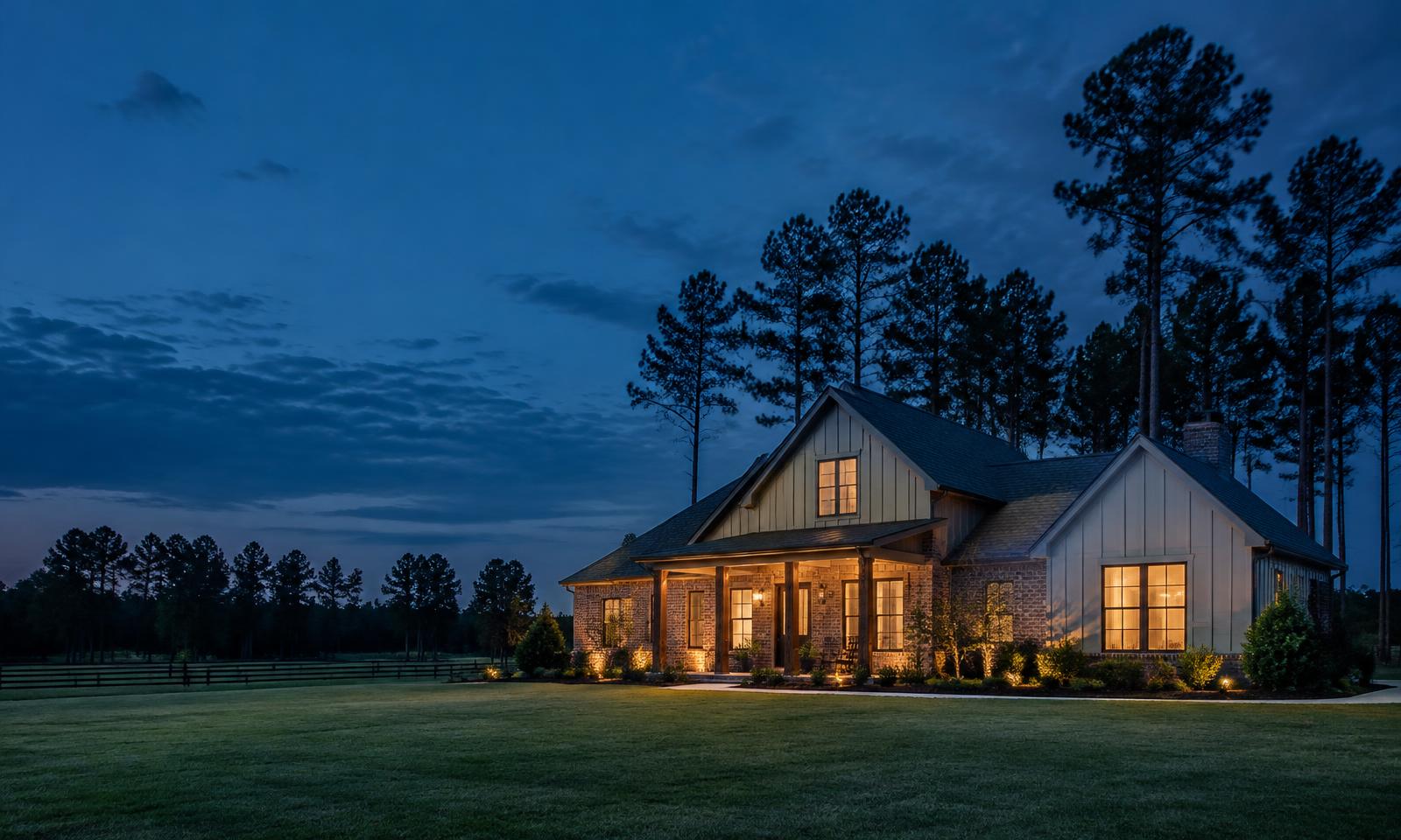 Sample brick farmhouse at dusk surrounded by pines